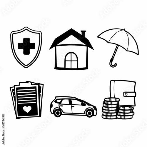 Insurance doodle set hand drawn shield, house, umbrella and money icons