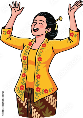 Joyful Indonesian woman in traditional kebaya, arms raised in celebration.