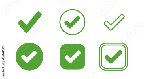 Six green check mark icons in various shapes and styles against a white background.