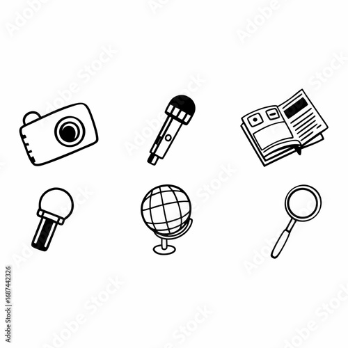 Illustration of camera, microphone, book, globe, and magnifier