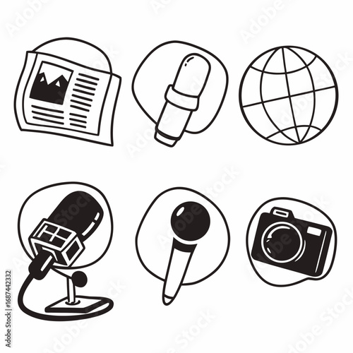 Illustration of newspaper, microphone, globe, and camera