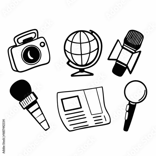 Illustration of camera, globe, microphone, and newspaper