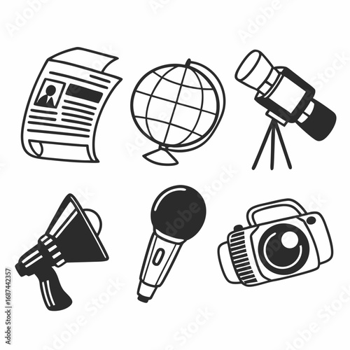 Hand drawn illustration of journalism tools newspaper, camera, microphone