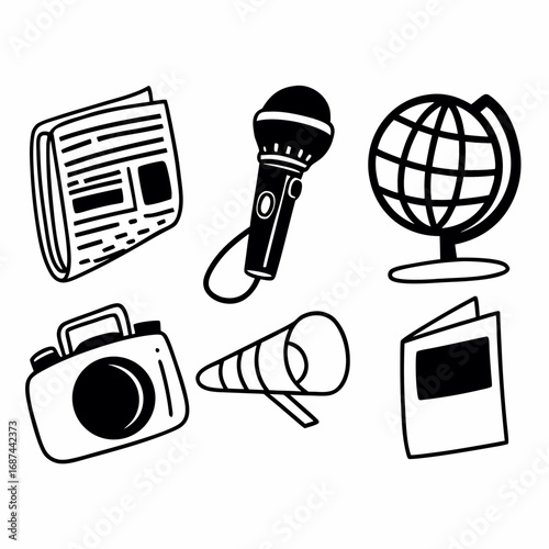 Illustration of newspaper, microphone, globe, camera, book and megaphone