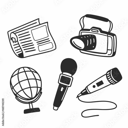 Illustration of news media equipment including camera, microphone, globe and newspaper