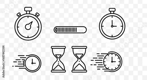 Collection of simple line art timekeeping icons, including stopwatches, hourglasses, and clocks.