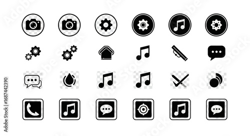 Collection of black and white app icons, representing various mobile application functions.