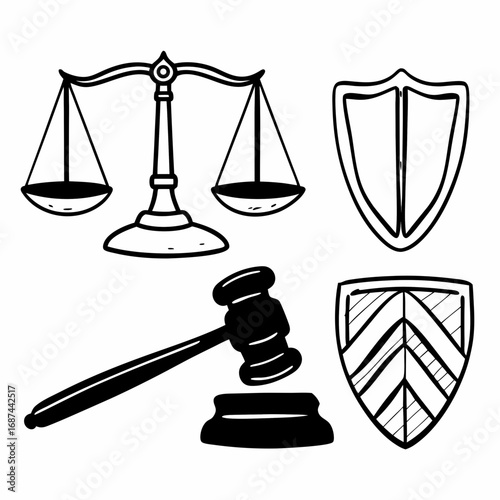Illustration of scales, gavel, and shield symbols of justice