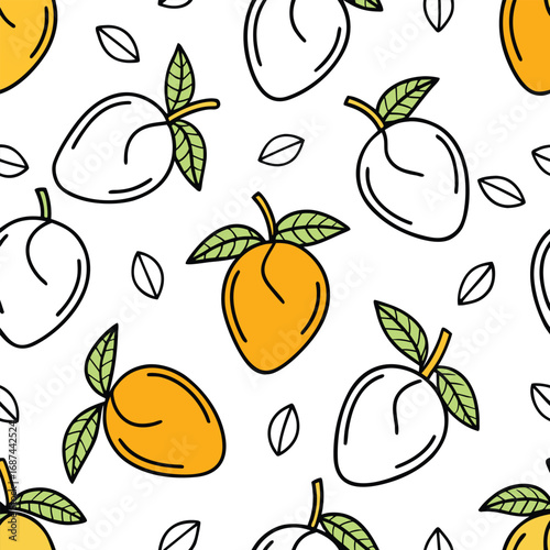 Vibrant mango fruit illustration with tropical leaves