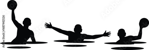 Silhouette water polo players, swimming sport action, athletes with ball, aquatic competition illustration, team game vector, professional match design, dynamic sports artwork