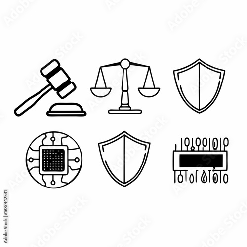 Illustration of technology, law, and artificial intelligence symbols