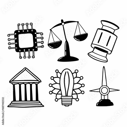 Illustration of technology, law, and artificial intelligence symbols