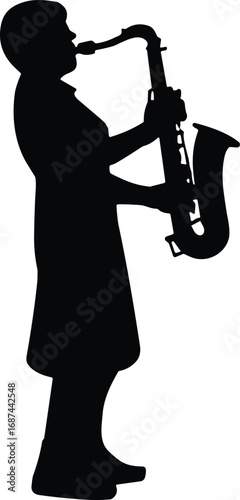 Silhouette woman playing saxophone, female musician vector illustration, jazz music performance, sax player art, instrumentalist figure design, live concert artist, musical instrument artwork