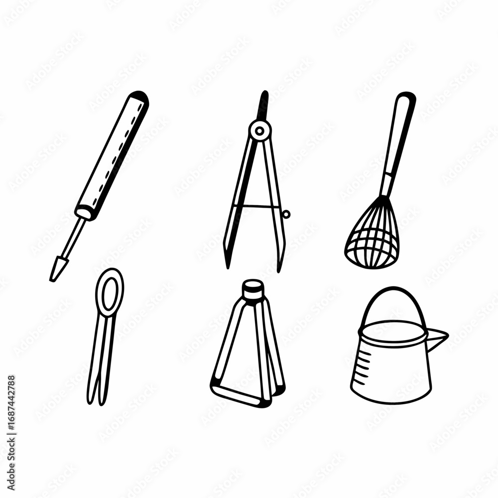 Obraz premium Hand tools set with screwdriver, compass, whisk, plier, tuner, bucket