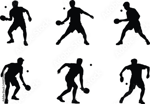 Table tennis player silhouettes, ping pong athletes with rackets and balls, sports activity vector illustration, training exercise, competitive game, fitness lifestyle design elements