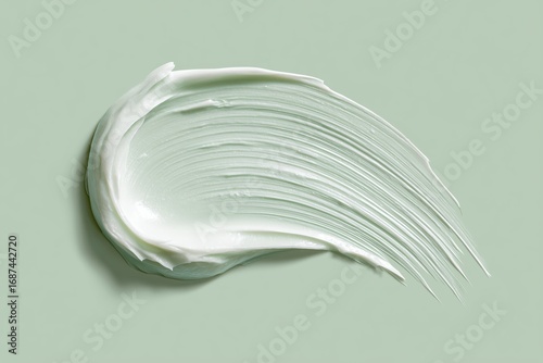 Smooth smear of white skincare cream or balm on pastel sage green background, cosmetic texture close-up