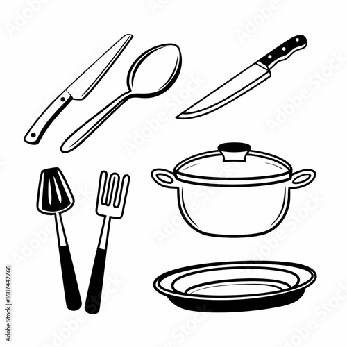 Illustration of various kitchen utensils for cooking needs