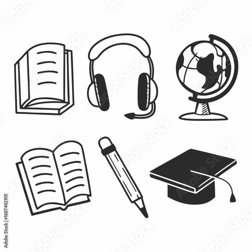 Illustration of education icons including books, headphones, globe, pen and graduation cap