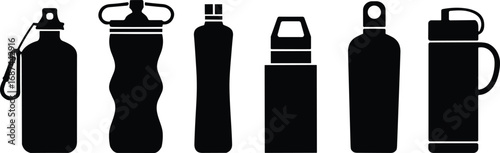 Water bottle silhouette collection, vector illustration of different flask and thermos designs, reusable drink containers, eco friendly hydration concept, editable black artwork