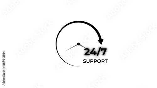 24/7 continuous support service concept. Businesswoman presents glowing icon representing 24/7 customer support, symbolizing nonstop assistance, helpline service, Motion graphics of 24/7 support. 4k