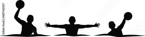 Water polo players silhouette in action, throwing ball, defending, sports competition scene, aquatic game teamwork, black vector design on white background