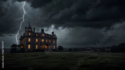 A spooky old Victorian haunted house on a hill, illuminated by lightning during a dark and stormy Halloween night. Horror movie concept