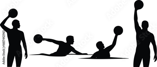 Water polo player silhouette vector collection, athlete throwing ball illustration, swimming pool sport design, competitive team game action, aquatic sports graphic set