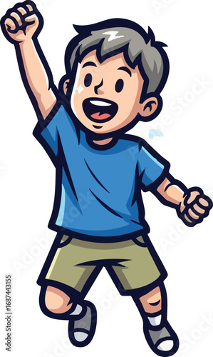 A happy cartoon boy with gray hair jumps for joy, raising his fist in a triumphant celebration.