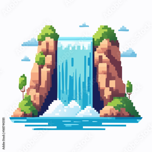 Pixel Art Waterfall Icon, Nature Scenery Illustration