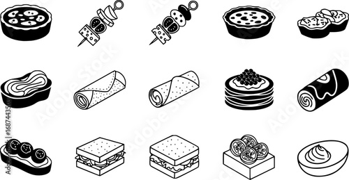 Canape and food outline vector set illustration of icon.