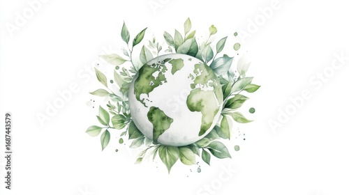 A watercolor painting of earth surrounded by green leaves, symbolizing environmental sustainability and esg reporting. 
