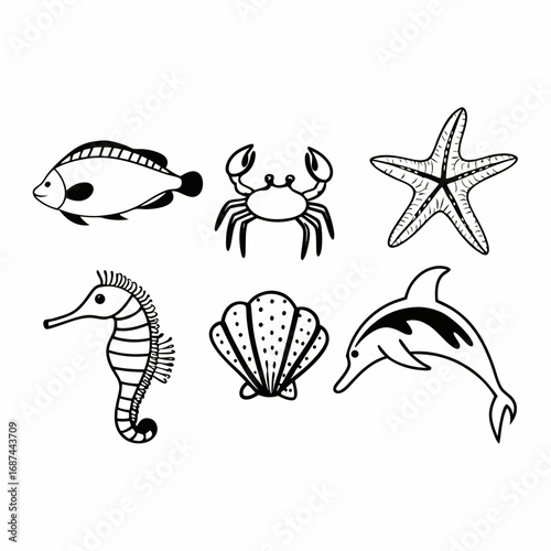 Sea life collection with fish, crab, starfish, seahorse, shell, and dolphin