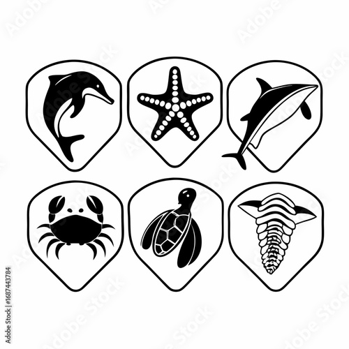 Sea animals vector icons set, dolphin, starfish, crab, turtle, seahorse