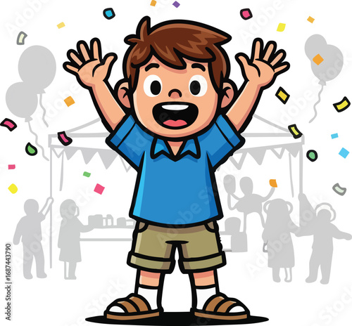 A happy young boy with arms raised celebrating under a shower of colorful confetti, with a fair or market scene in the background.
