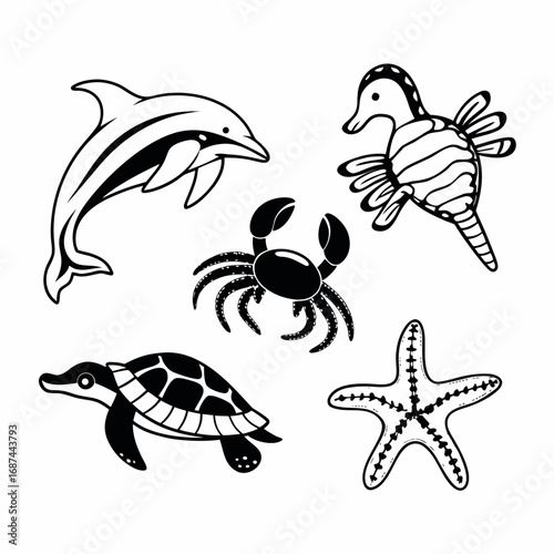 Sea animals vector illustration set, dolphin, starfish, crab, turtle, seahorse