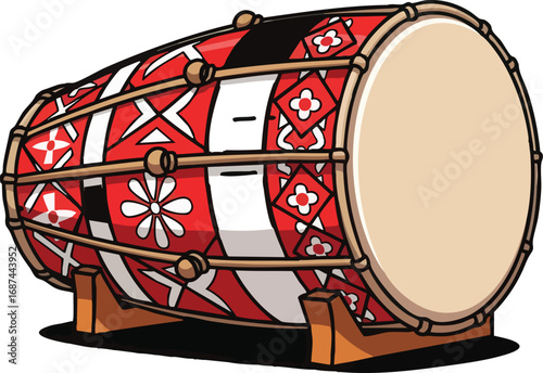 Illustration of a traditional Indonesian Kendang drum, decorated with red, white, and black geometric patterns, resting on a small wooden stand.