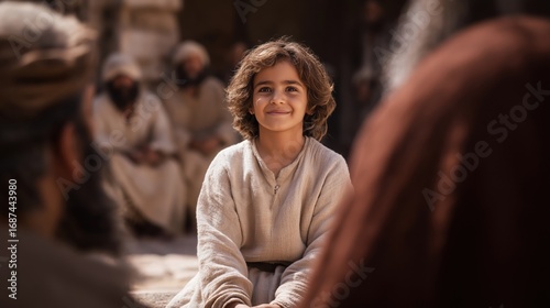 Young Jesus, wise beyond his years, teaches the elders in the temple courtyard, his calm authority and insight inspiring awe, symbolizing divine wisdom and early spiritual purpose.