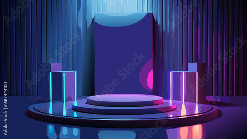 An illustration of an empty stage with a single spotlight illuminating a glass table