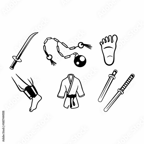 Collection of martial arts weapons and gear, representing combat
