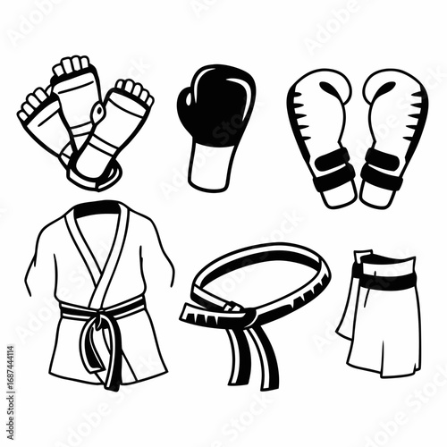 Collection of martial arts equipment, representing combat sports