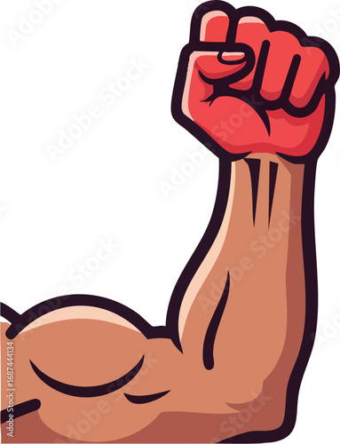 Cartoon illustration of a muscular arm flexing with a clenched fist, symbolizing strength, power, and determination.
