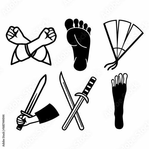Collection of martial arts equipment, including swords and hand protection
