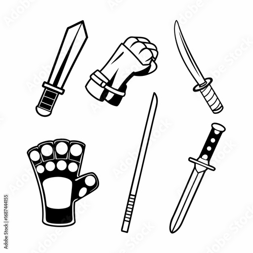 Collection of martial arts equipment, including swords and hand protection