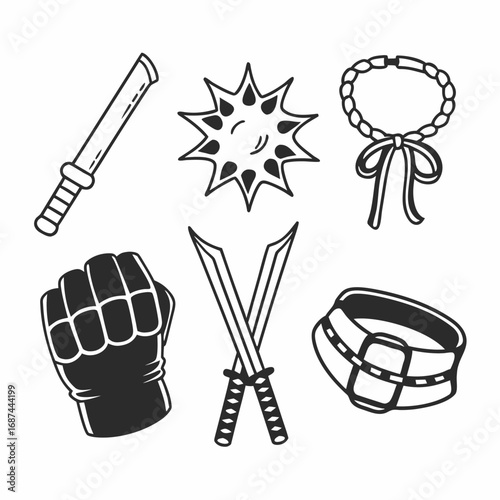 Collection of martial arts weapons and equipment, including sword, fist