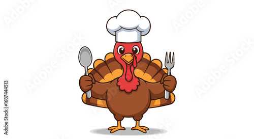 Cartoon turkey chef holding a spoon and fork, wearing a chef's hat.