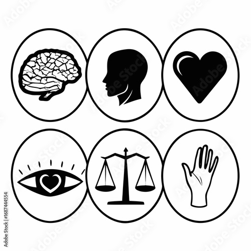 Mental health and wellbeing symbols, brain, head, heart, eye, scale, hand