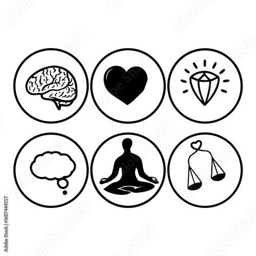 Mental health and wellbeing symbols, brain, heart, diamond, thought, yoga, justice