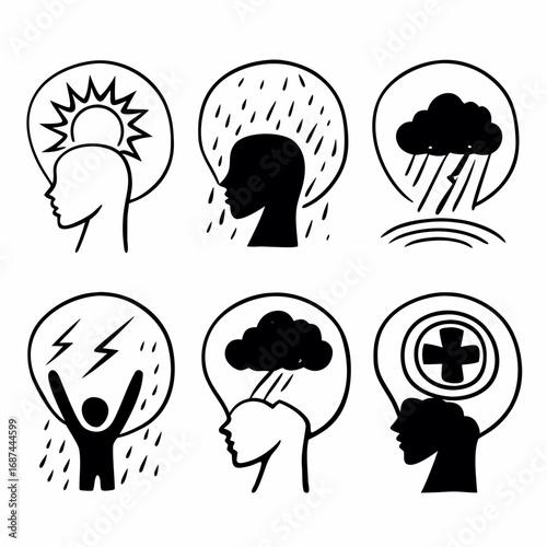 Illustrations depicting various mental states, including happiness, sadness, and dealing with adversity