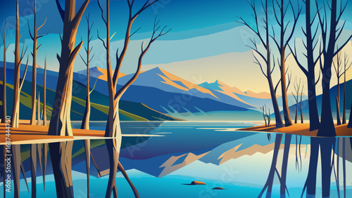 Serene summer sunset over a calm lake, with vibrant reflections of the sky and clouds