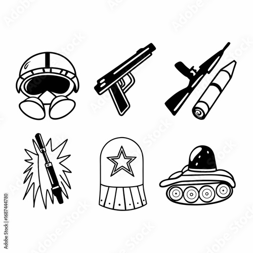 Illustration of military equipment, including helmet, gun, rocket, tank
